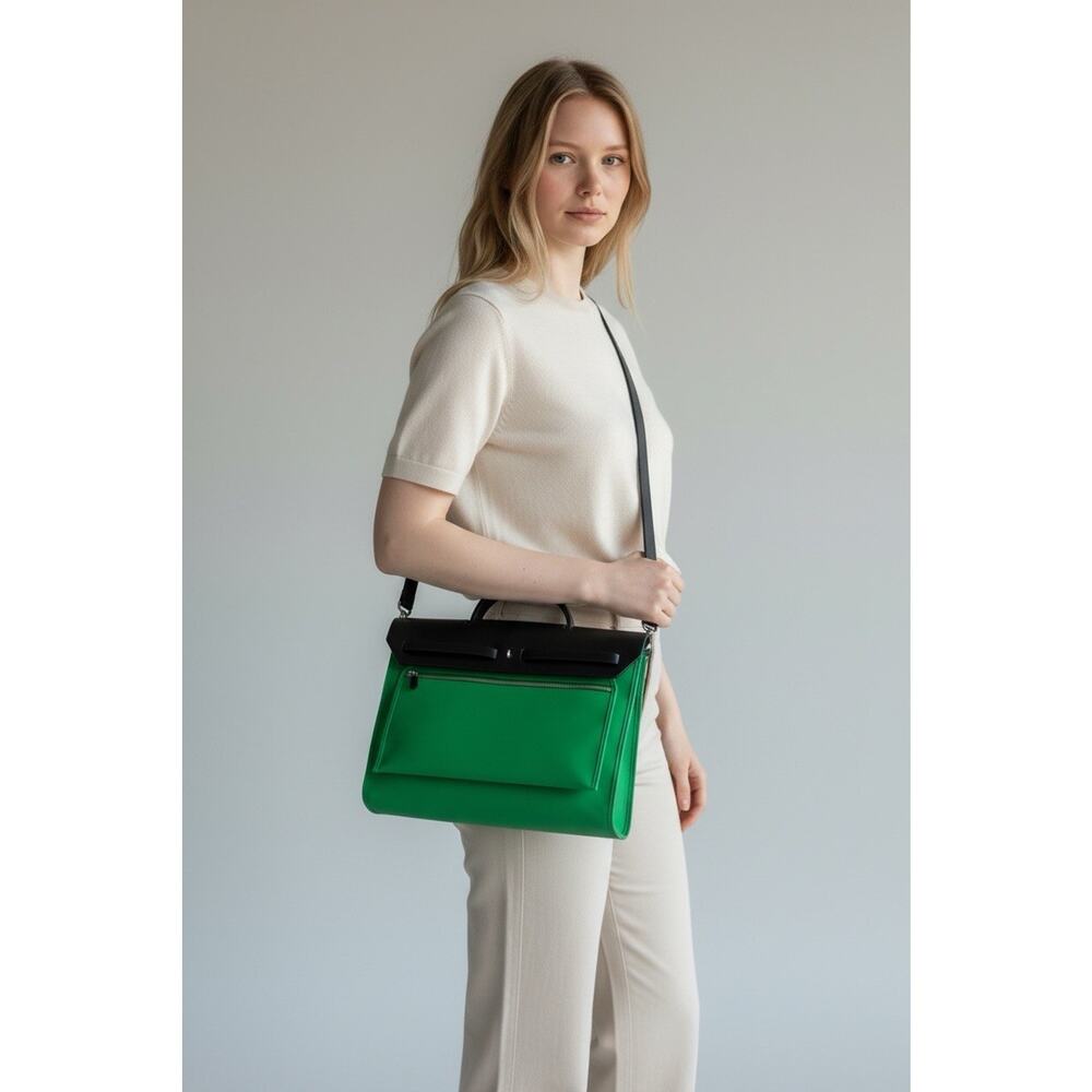 Herbag Zip 31 Green Canvas Black Leather Shoulder Bag w/ Pouch